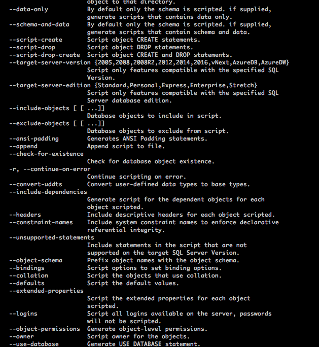 mssql-scripter arguments